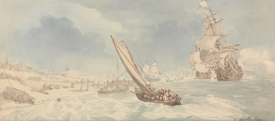 Oorlogsschepen en zeilboten bij een kust